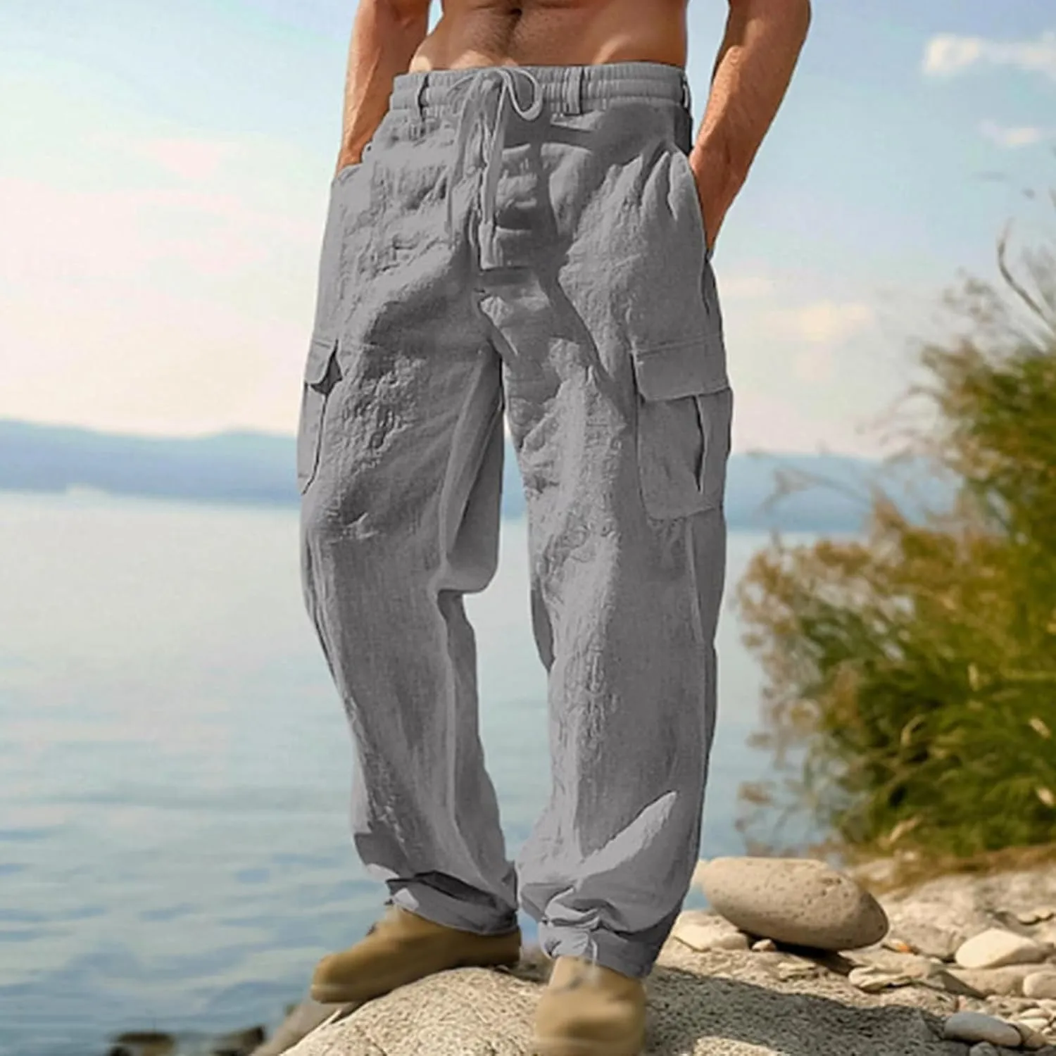 Linen Pants for Men Summer Wide Leg Yoga Trousers Drawstring Stretch Beach Pants Lightweight Baggy Travel Trousers