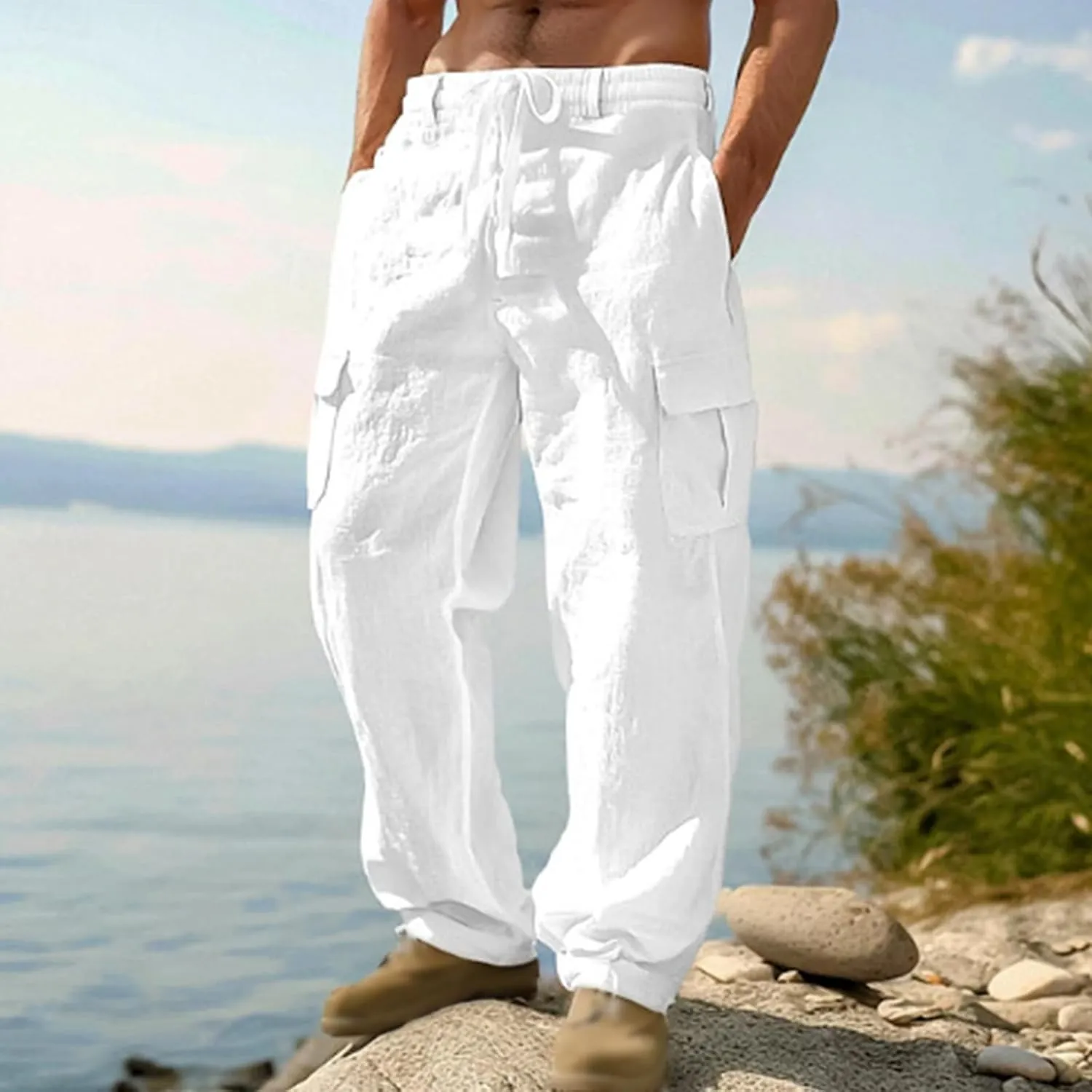 Linen Pants for Men Summer Wide Leg Yoga Trousers Drawstring Stretch Beach Pants Lightweight Baggy Travel Trousers
