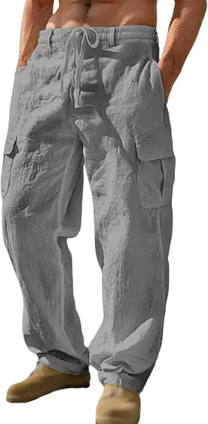 Linen Pants for Men Summer Wide Leg Yoga Trousers Drawstring Stretch Beach Pants Lightweight Baggy Travel Trousers
