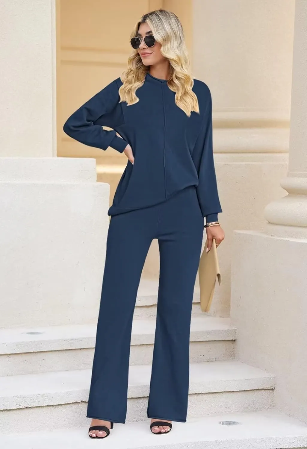 Linsery Women 2 Piece Outfits High Neck Knitted Sweater Wide Leg Pant Sweatsuit Lounge Sets