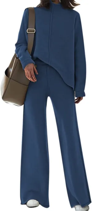 Linsery Women 2 Piece Outfits High Neck Knitted Sweater Wide Leg Pant Sweatsuit Lounge Sets