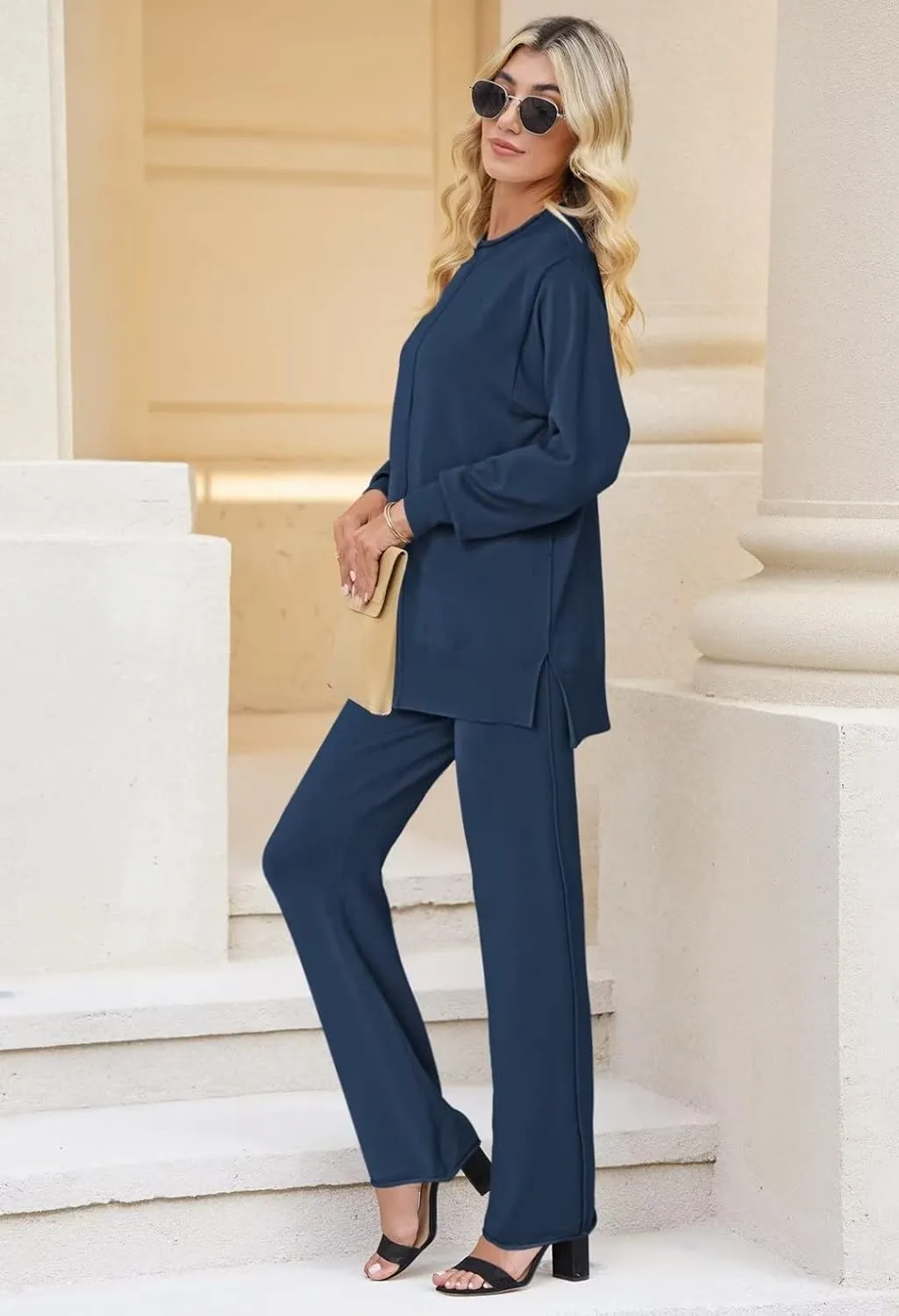Linsery Women 2 Piece Outfits High Neck Knitted Sweater Wide Leg Pant Sweatsuit Lounge Sets