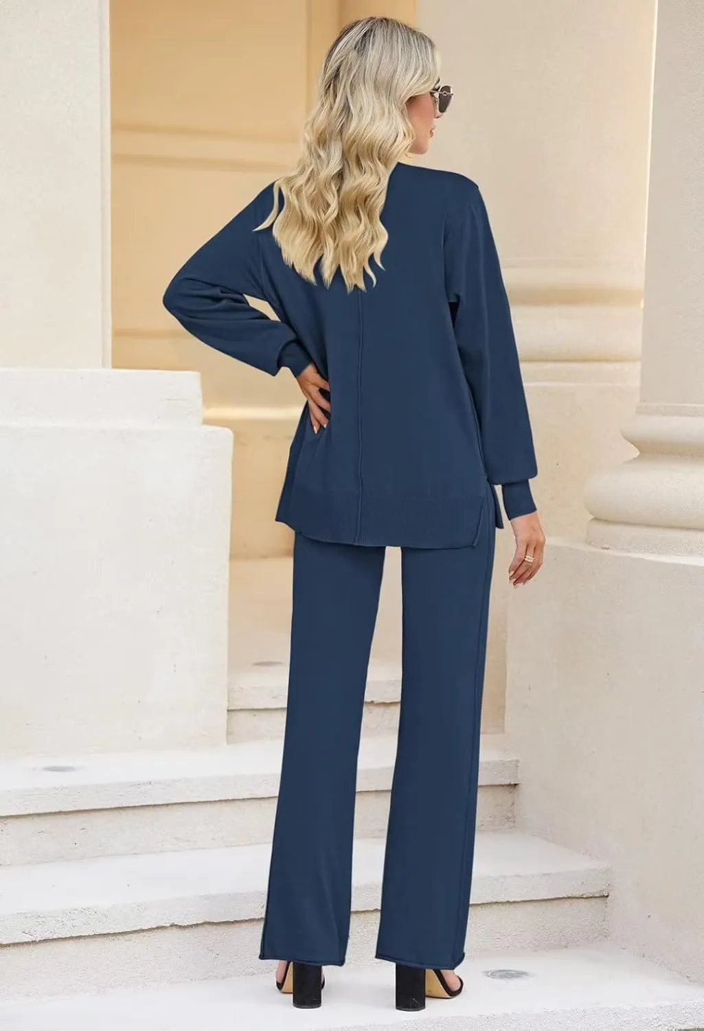 Linsery Women 2 Piece Outfits High Neck Knitted Sweater Wide Leg Pant Sweatsuit Lounge Sets