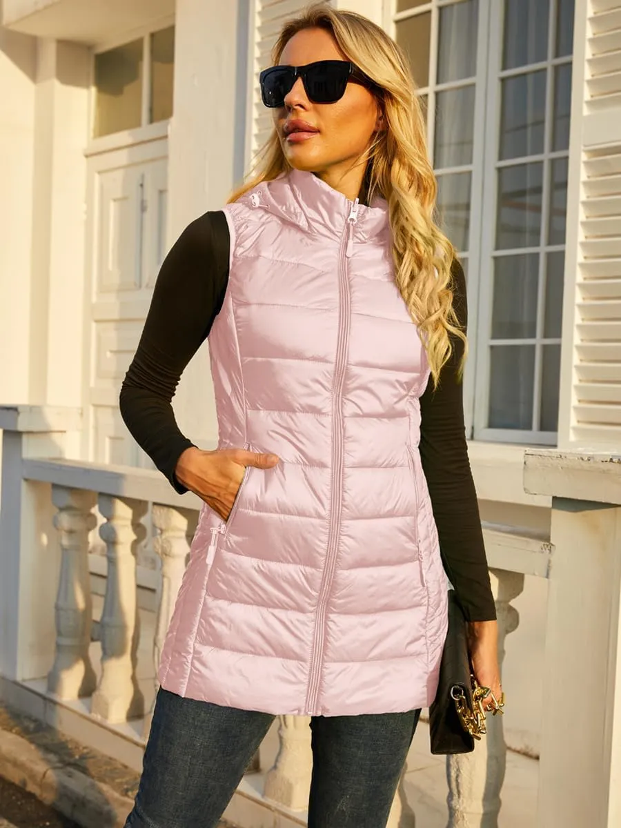 Long Puffer Vest for Women with Hood Lightweight Packable Sleeveless Down Vest for Spring, Fall & Winter