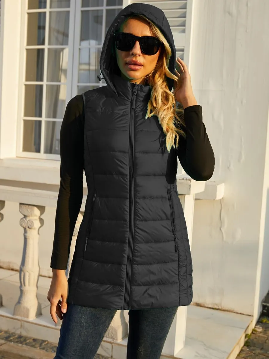 Long Puffer Vest for Women with Hood Lightweight Packable Sleeveless Down Vest for Spring, Fall & Winter
