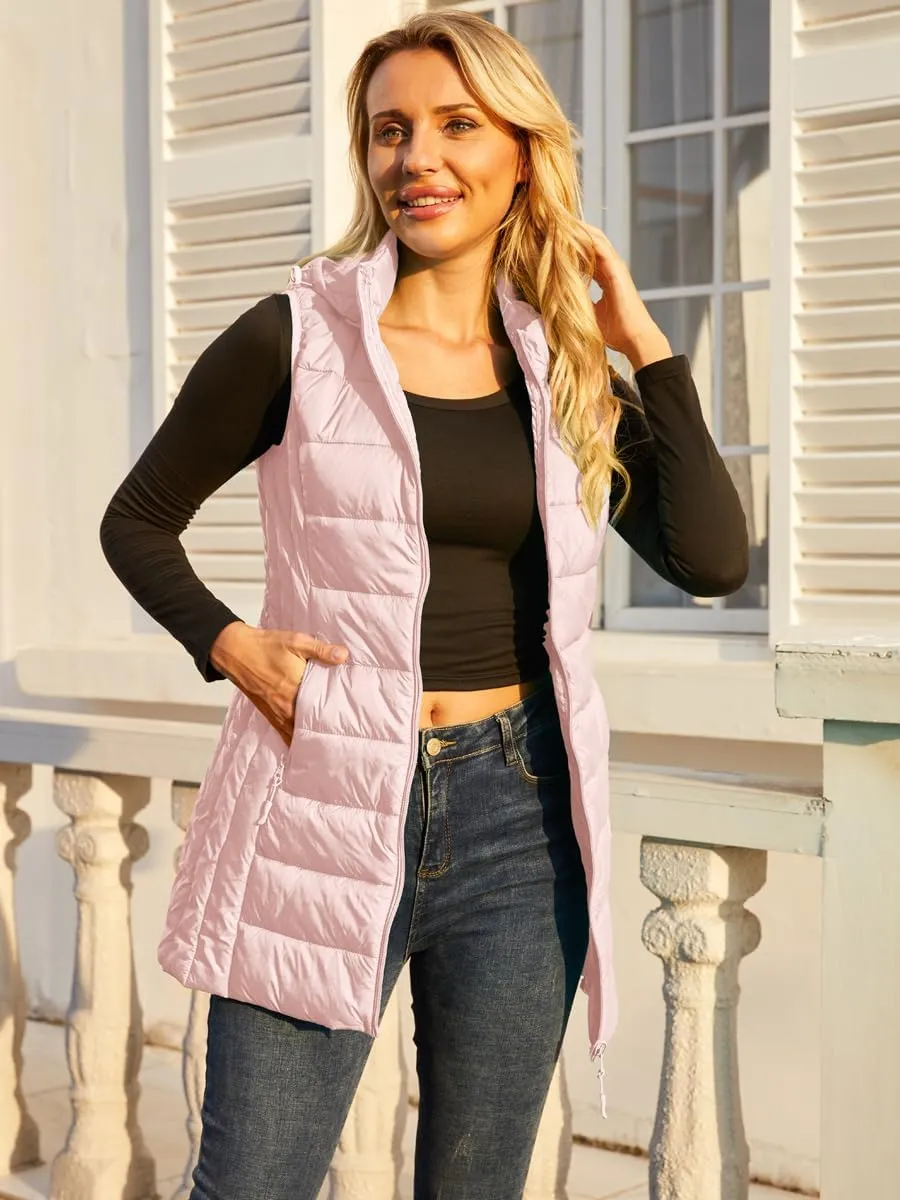 Long Puffer Vest for Women with Hood Lightweight Packable Sleeveless Down Vest for Spring, Fall & Winter