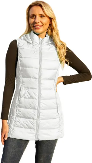 Long Puffer Vest for Women with Hood Lightweight Packable Sleeveless Down Vest for Spring, Fall & Winter