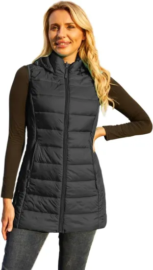 Long Puffer Vest for Women with Hood Lightweight Packable Sleeveless Down Vest for Spring, Fall & Winter