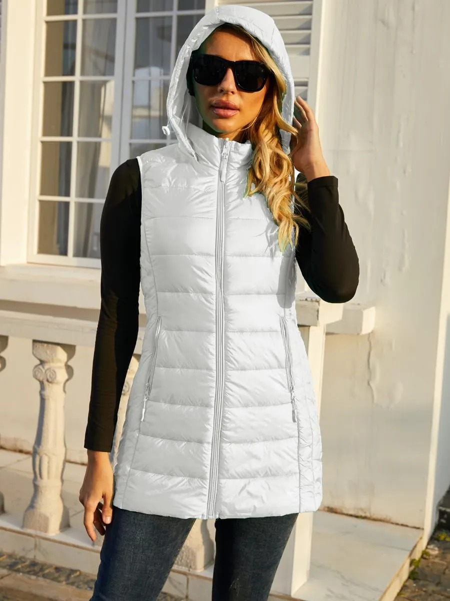 Long Puffer Vest for Women with Hood Lightweight Packable Sleeveless Down Vest for Spring, Fall & Winter