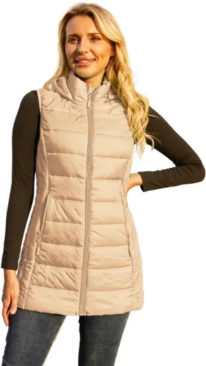 Long Puffer Vest for Women with Hood Lightweight Packable Sleeveless Down Vest for Spring, Fall & Winter