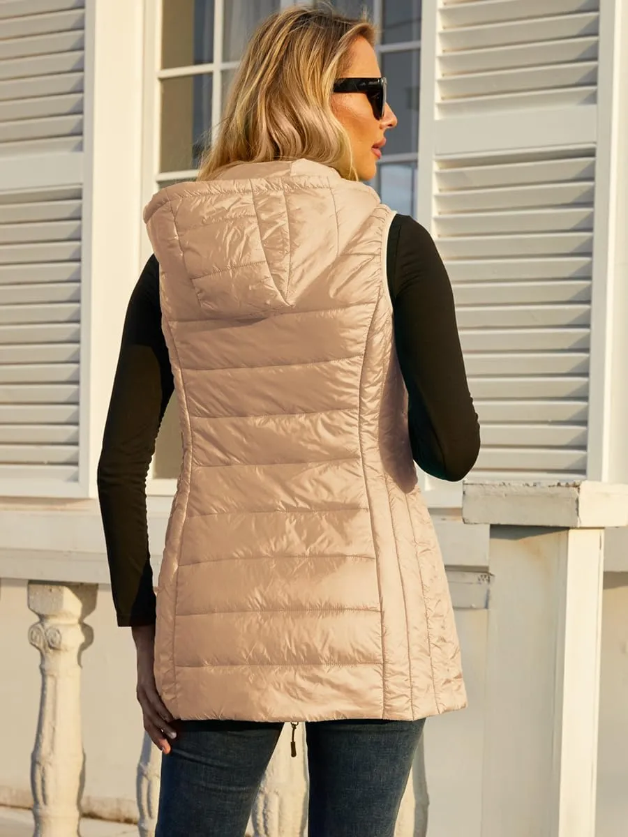 Long Puffer Vest for Women with Hood Lightweight Packable Sleeveless Down Vest for Spring, Fall & Winter