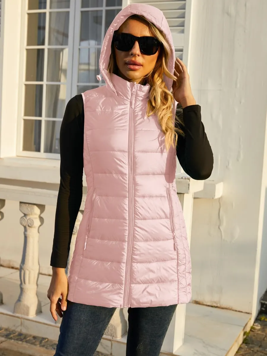 Long Puffer Vest for Women with Hood Lightweight Packable Sleeveless Down Vest for Spring, Fall & Winter