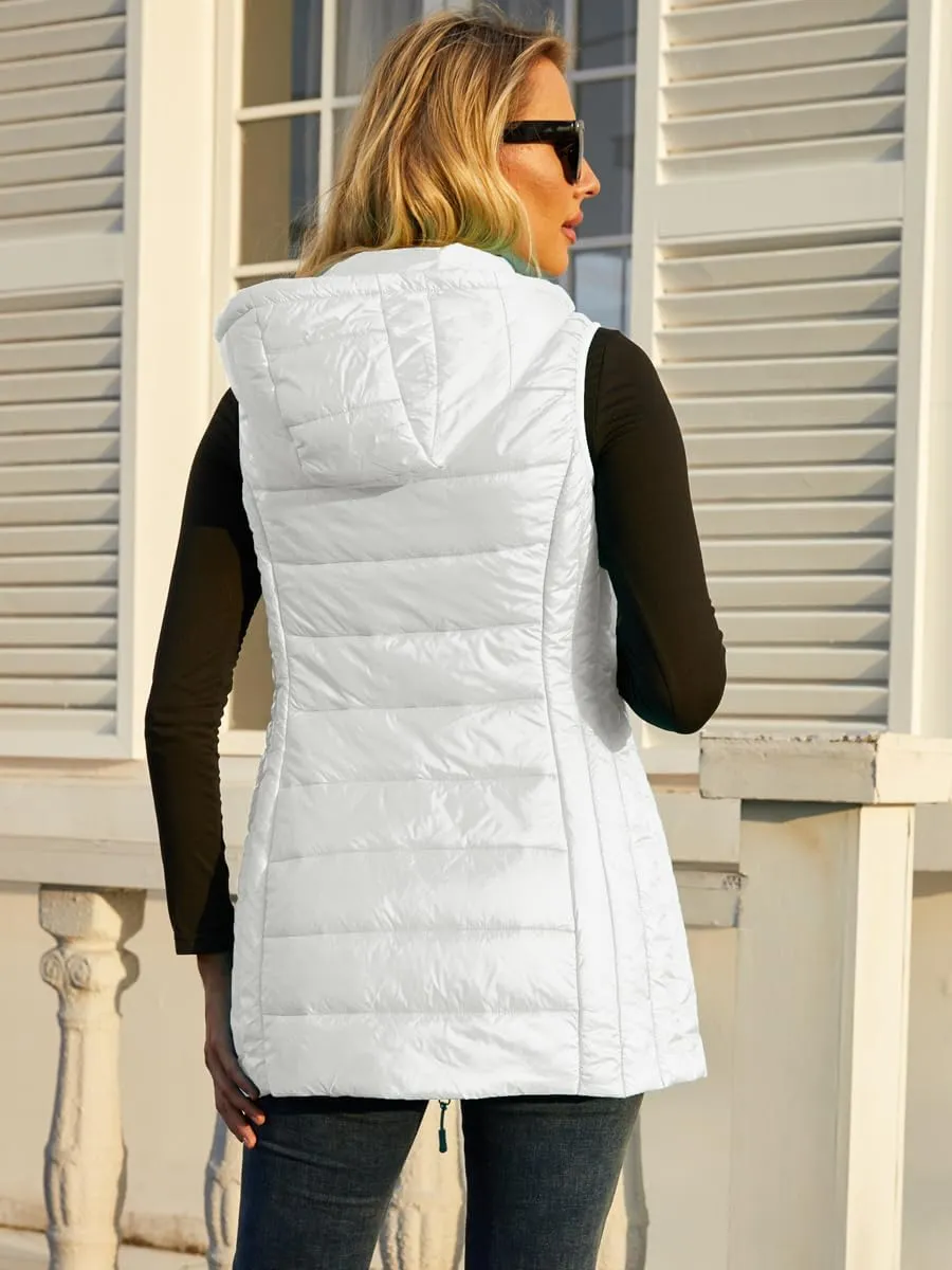 Long Puffer Vest for Women with Hood Lightweight Packable Sleeveless Down Vest for Spring, Fall & Winter