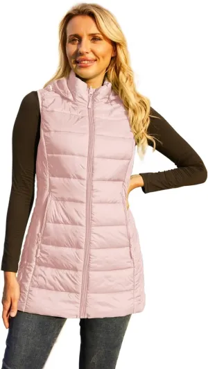 Long Puffer Vest for Women with Hood Lightweight Packable Sleeveless Down Vest for Spring, Fall & Winter