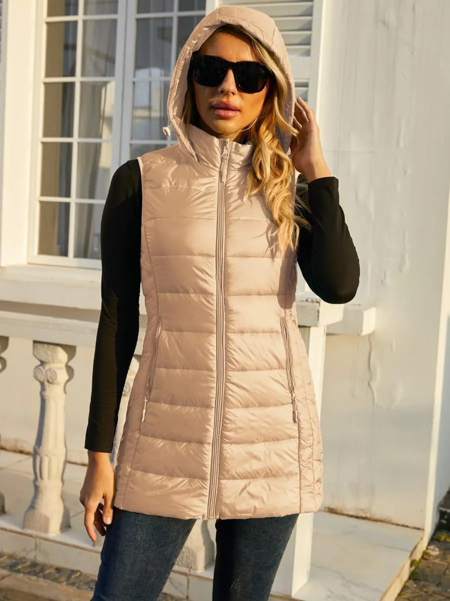Long Puffer Vest for Women with Hood Lightweight Packable Sleeveless Down Vest for Spring, Fall & Winter