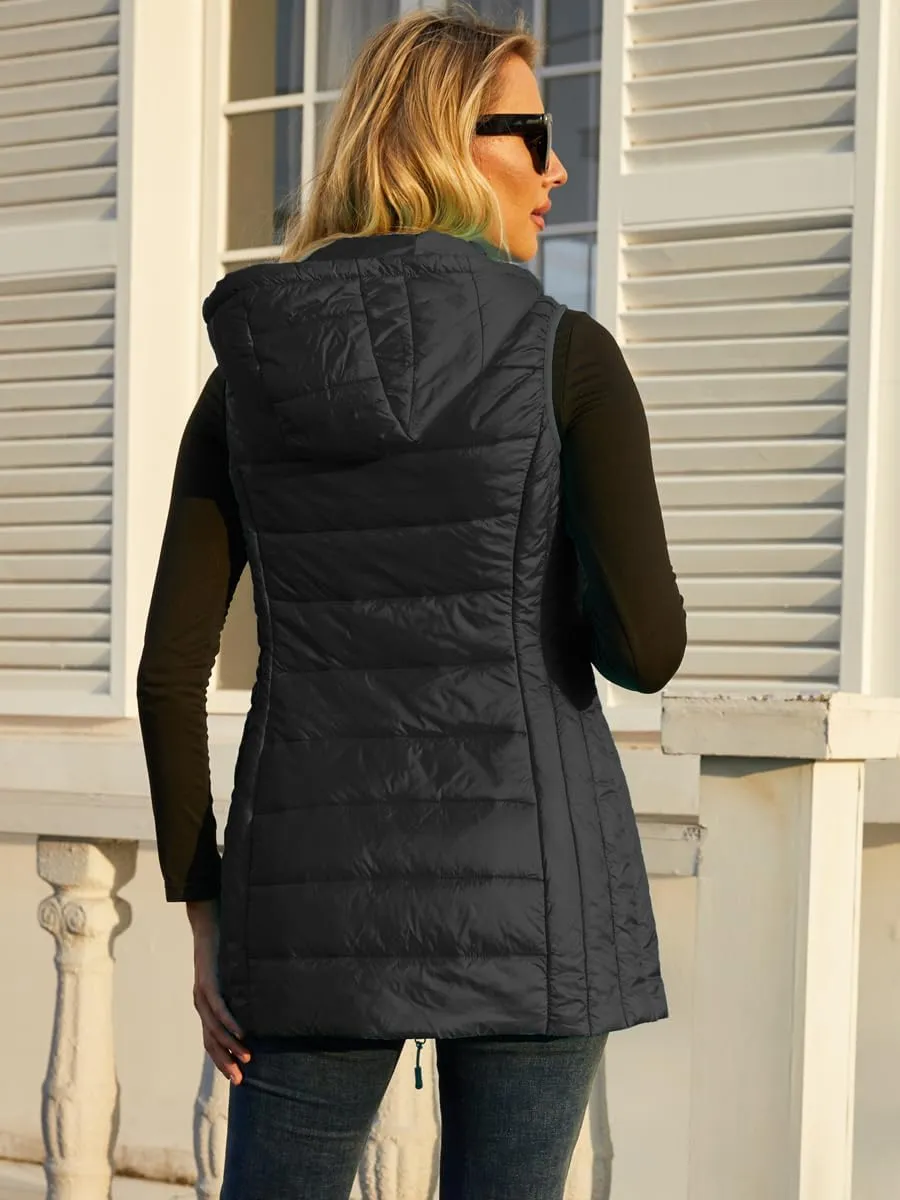 Long Puffer Vest for Women with Hood Lightweight Packable Sleeveless Down Vest for Spring, Fall & Winter