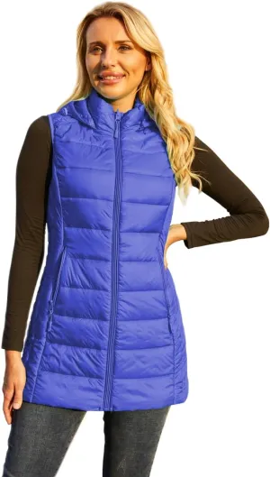 Long Puffer Vest for Women with Hood Lightweight Packable Sleeveless Down Vest for Spring, Fall & Winter