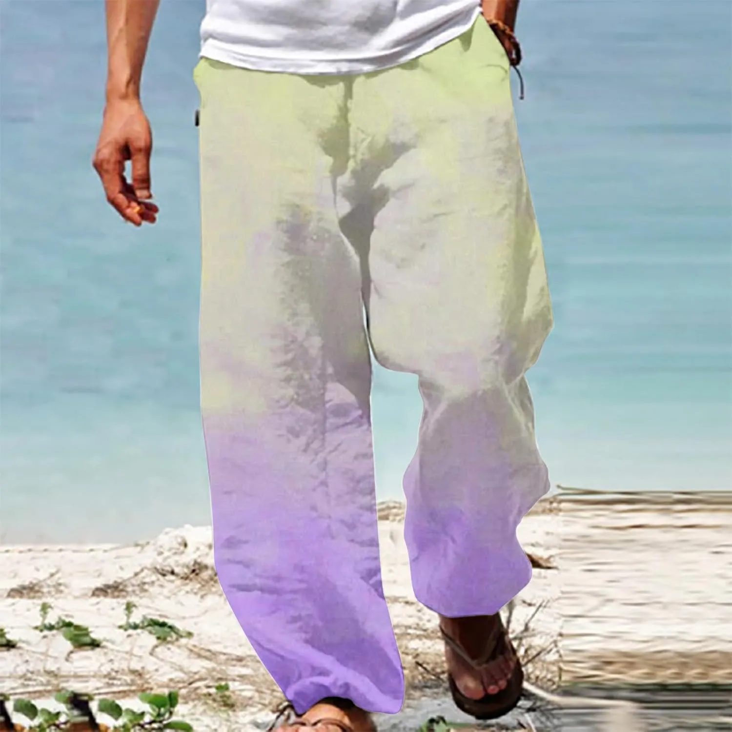 Men's Baggy Pants Gradient Print Casual Pant Elastic Waist Lace Up Sweatpants Loose Lightweight Beach Pants Trousers