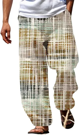 Mens Beach Pants Color Block Vacation Summer Loose Slacks Open Bottom Casual Waist Drawstring Trousers with Pocket