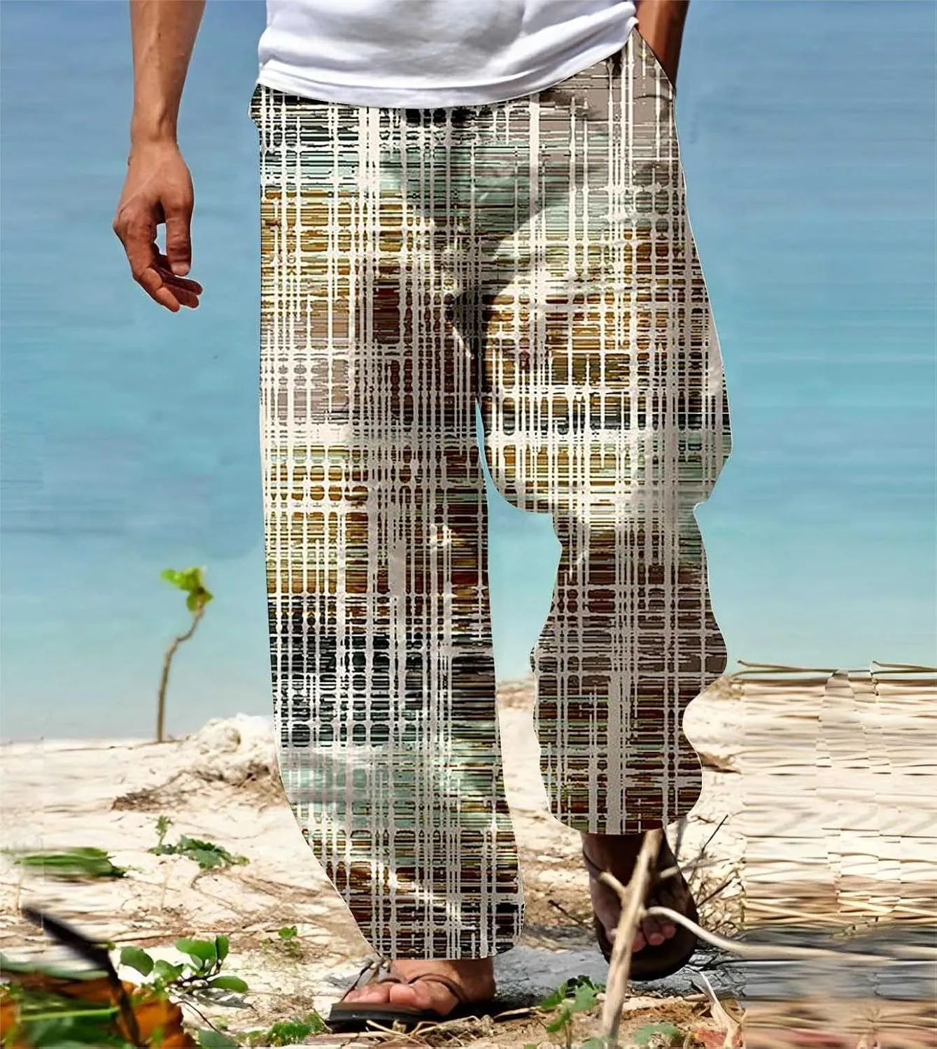 Mens Beach Pants Color Block Vacation Summer Loose Slacks Open Bottom Casual Waist Drawstring Trousers with Pocket