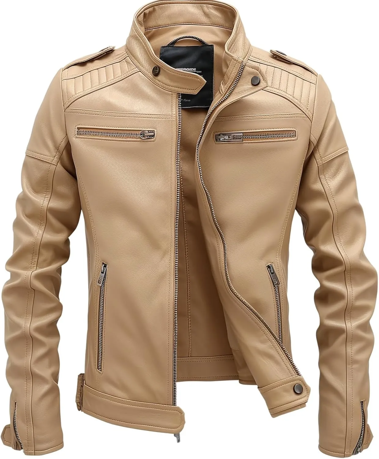 Men's Beige Leather Jacket | Slim Fit | Genuine Lambskin | Biker Style | Zip Pockets | Vintage Moto Fashion
