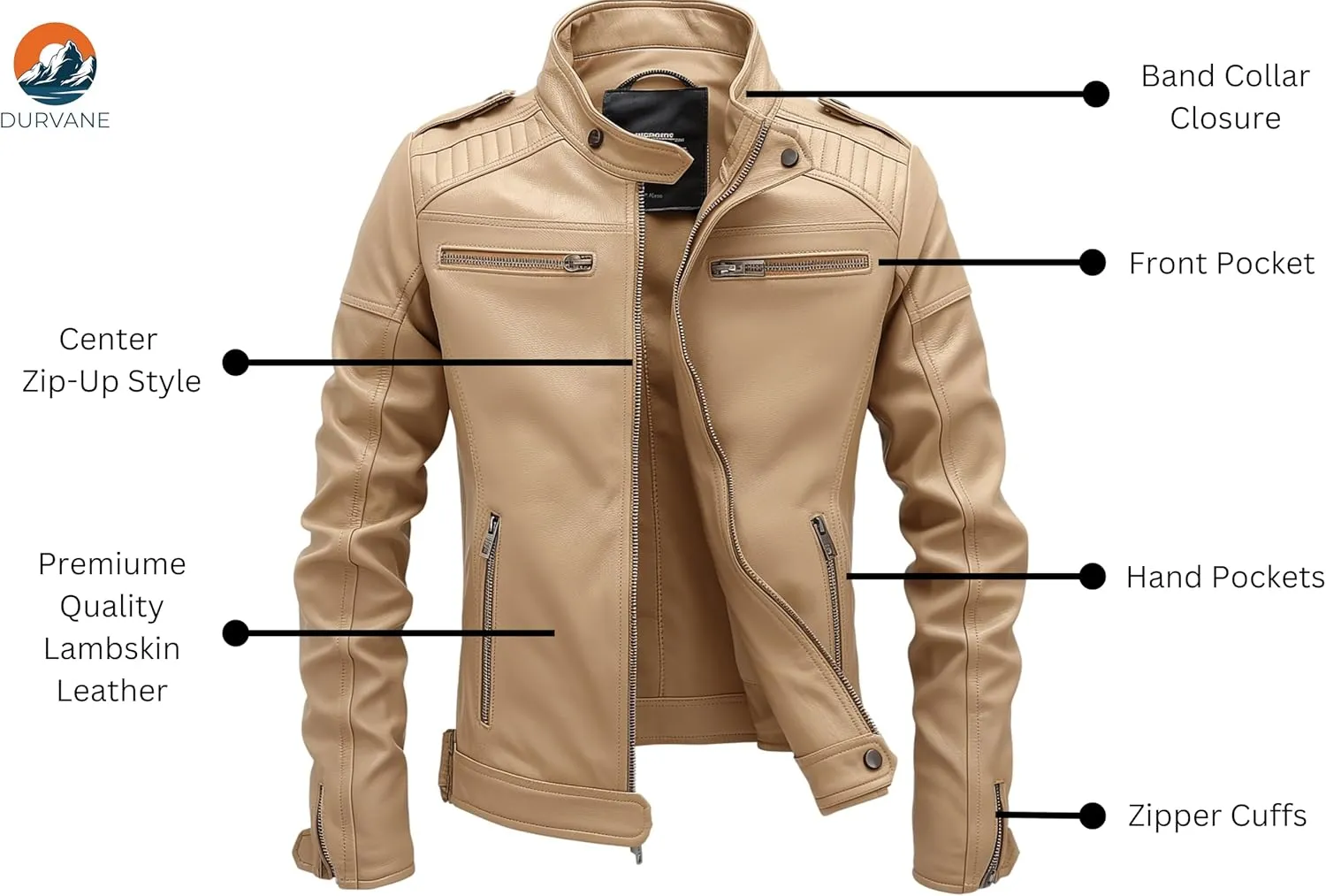 Men's Beige Leather Jacket | Slim Fit | Genuine Lambskin | Biker Style | Zip Pockets | Vintage Moto Fashion