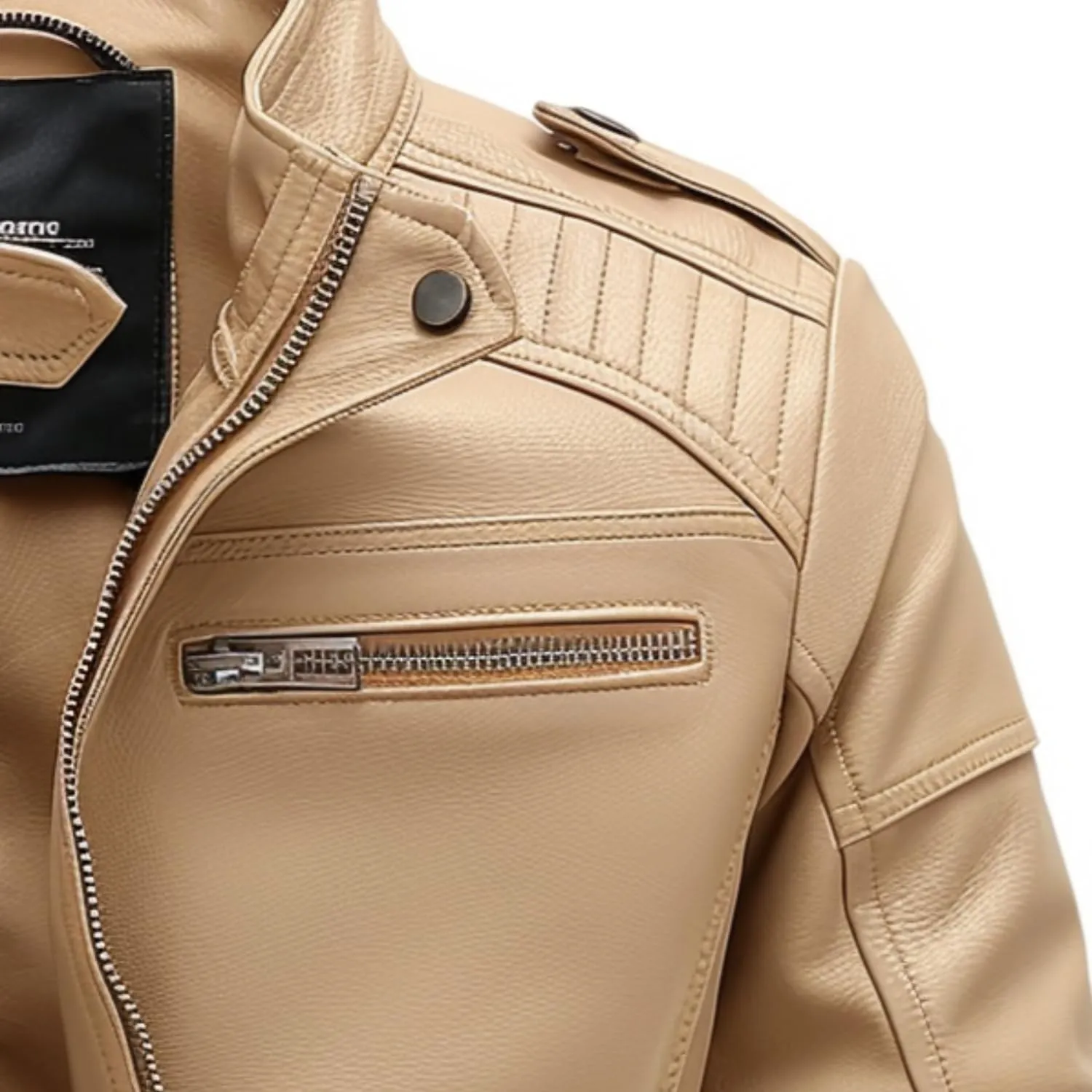 Men's Beige Leather Jacket | Slim Fit | Genuine Lambskin | Biker Style | Zip Pockets | Vintage Moto Fashion