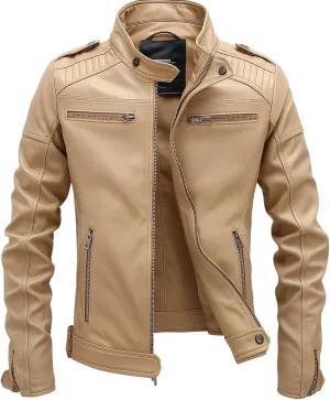Men's Beige Leather Jacket | Slim Fit | Genuine Lambskin | Biker Style | Zip Pockets | Vintage Moto Fashion