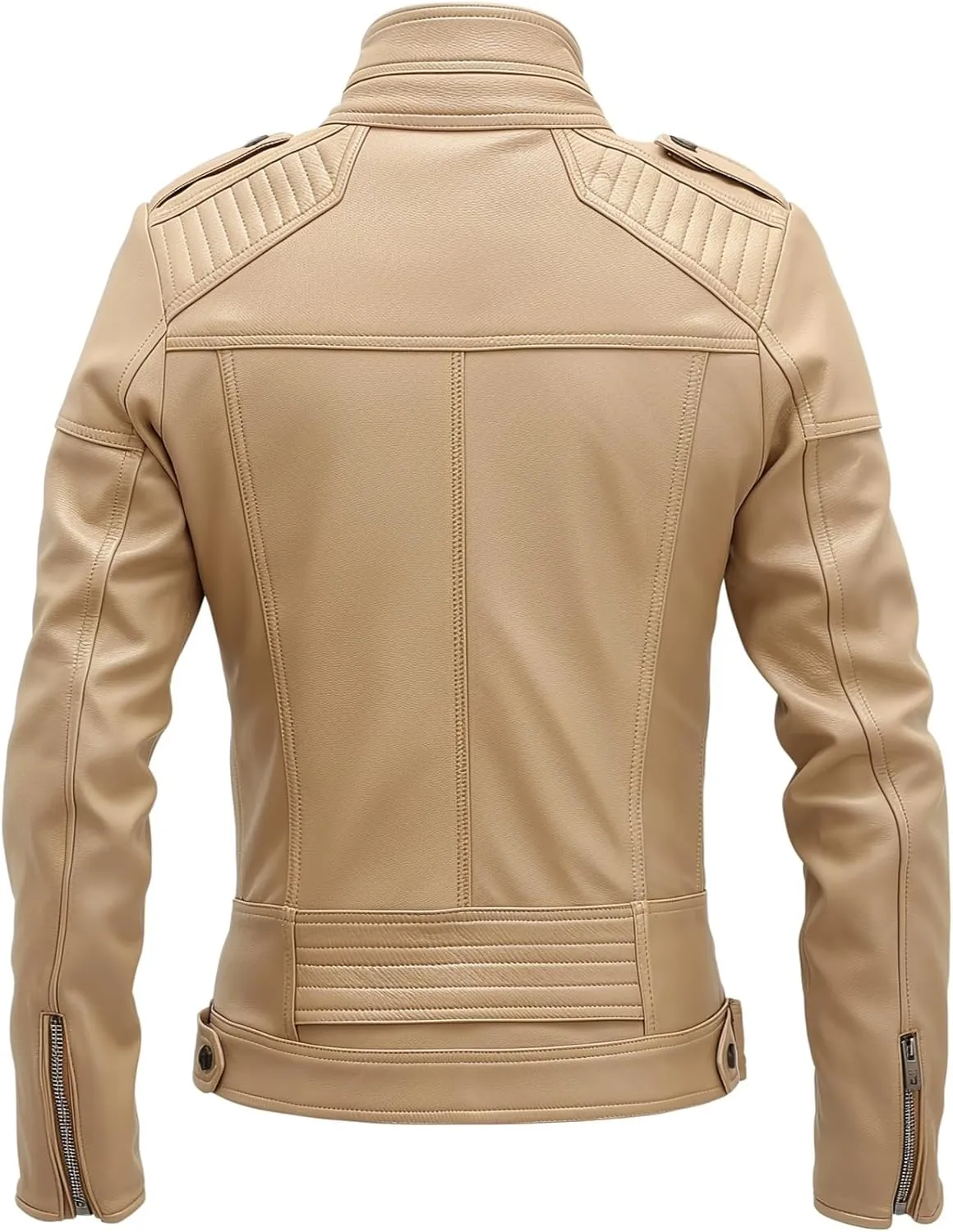 Men's Beige Leather Jacket | Slim Fit | Genuine Lambskin | Biker Style | Zip Pockets | Vintage Moto Fashion