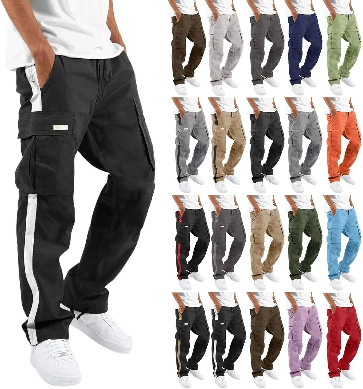 Men's Cargo Sweatpants Loose Fit Pants Joggers for Men with Multi Pockets Casual Drawstring Elastic Waist Stretch Cargo Pants