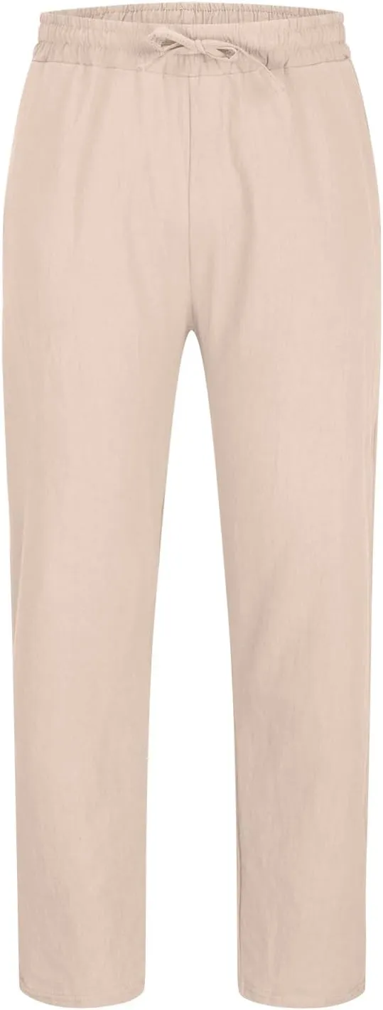 Men's Casual Linen Pants Drawstring Elastic Waist Summer Pants Lightweight Loose Fit Trousers Breathable Work Pants