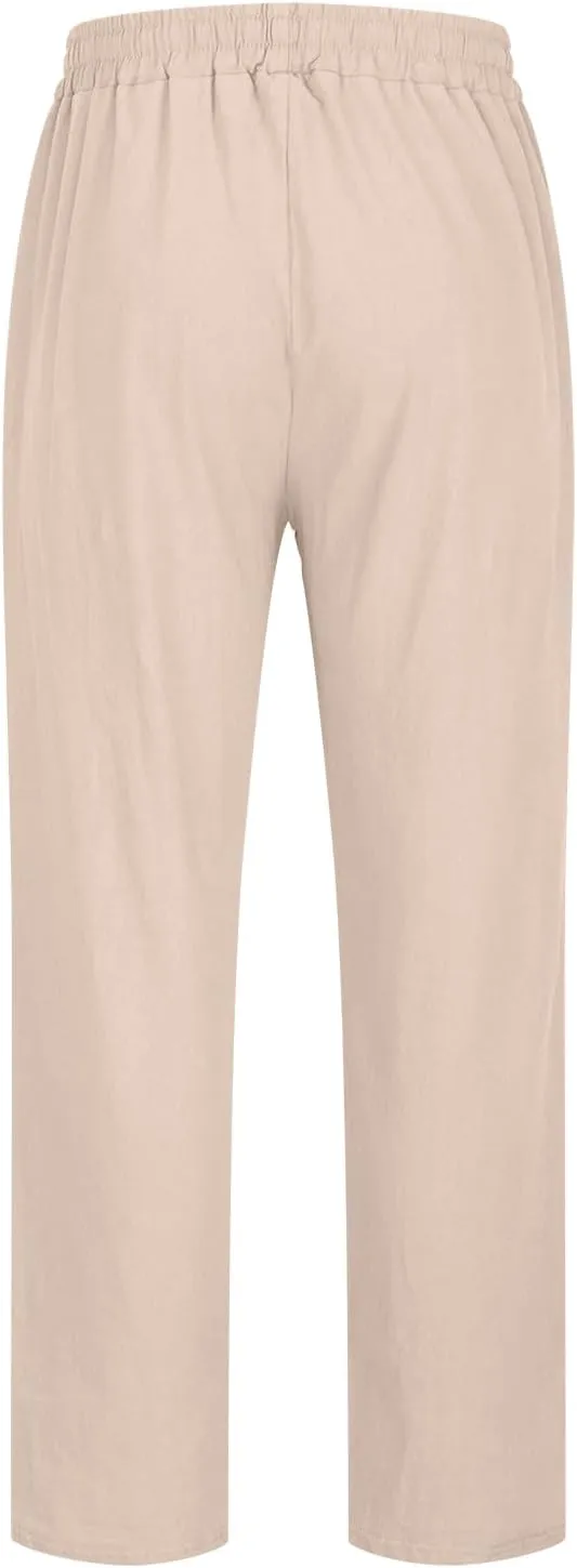 Men's Casual Linen Pants Drawstring Elastic Waist Summer Pants Lightweight Loose Fit Trousers Breathable Work Pants