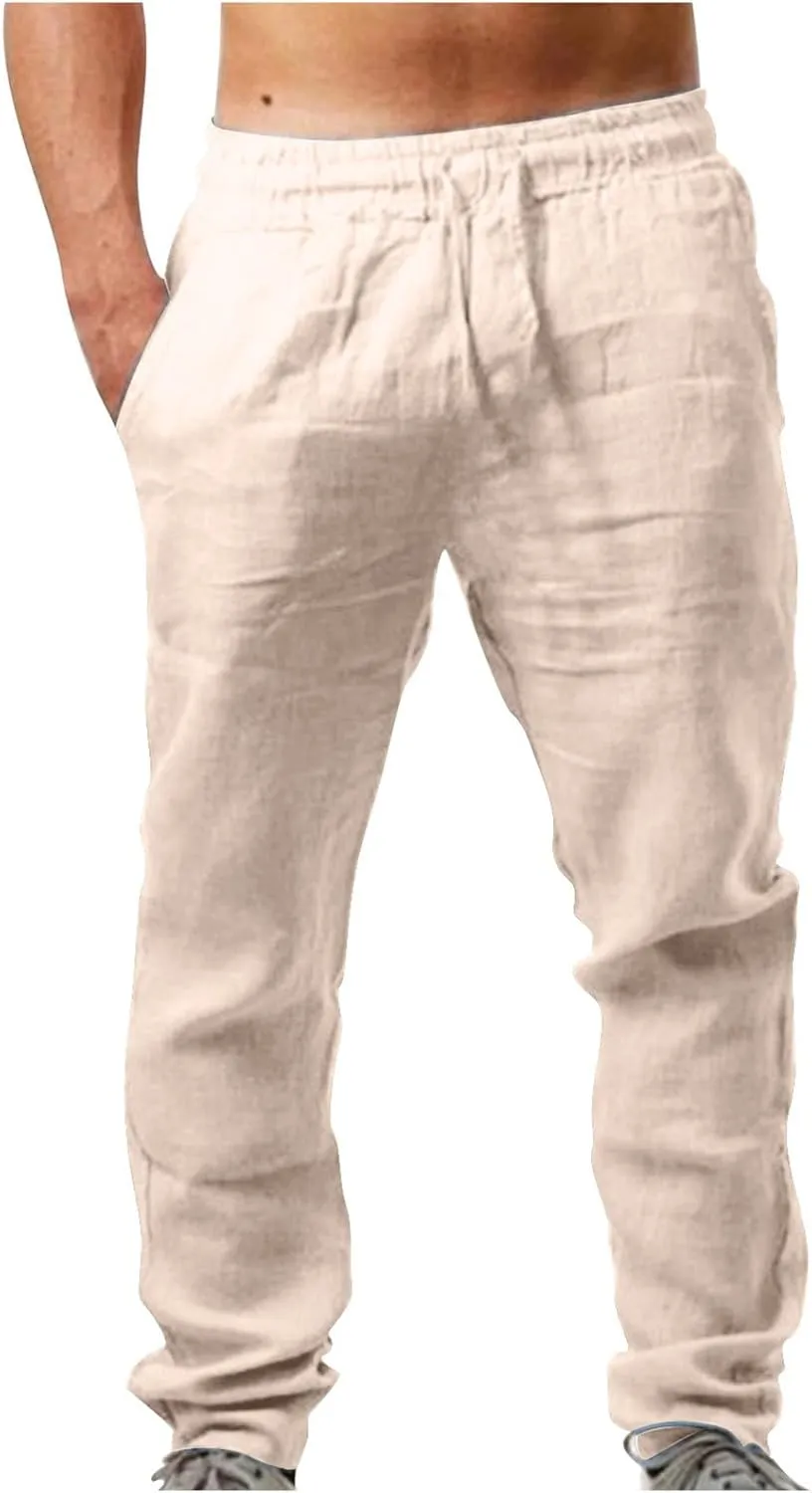 Men's Casual Linen Pants Drawstring Elastic Waist Summer Pants Lightweight Loose Fit Trousers Breathable Work Pants