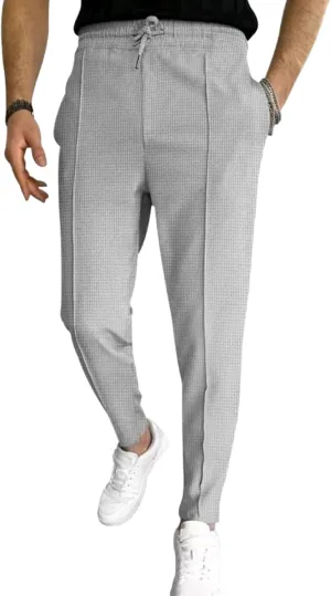 Men's Casual Waffle Pleated Pants Flat Front Athletic Running Workout Gym Sweatpants Drawstring Elastic Waist with Pockets