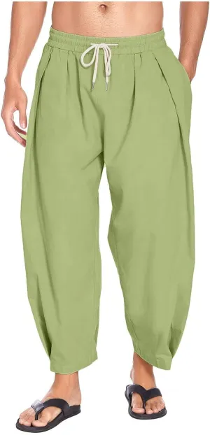 Men's Cotton Linen Drawstring Harem Pants Lightweight Loose Fit Casual Wear with Side Pockets for Beach Yoga