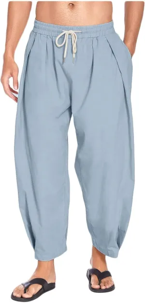 Men's Cotton Linen Drawstring Harem Pants Lightweight Loose Fit Casual Wear with Side Pockets for Beach Yoga