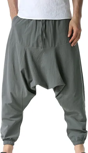 Mens Harem Pants Hip Hop Baggy Jogger Pants Vintage Hippie Drop Crotch Trousers Elastic Waist Comfy Casual Pants