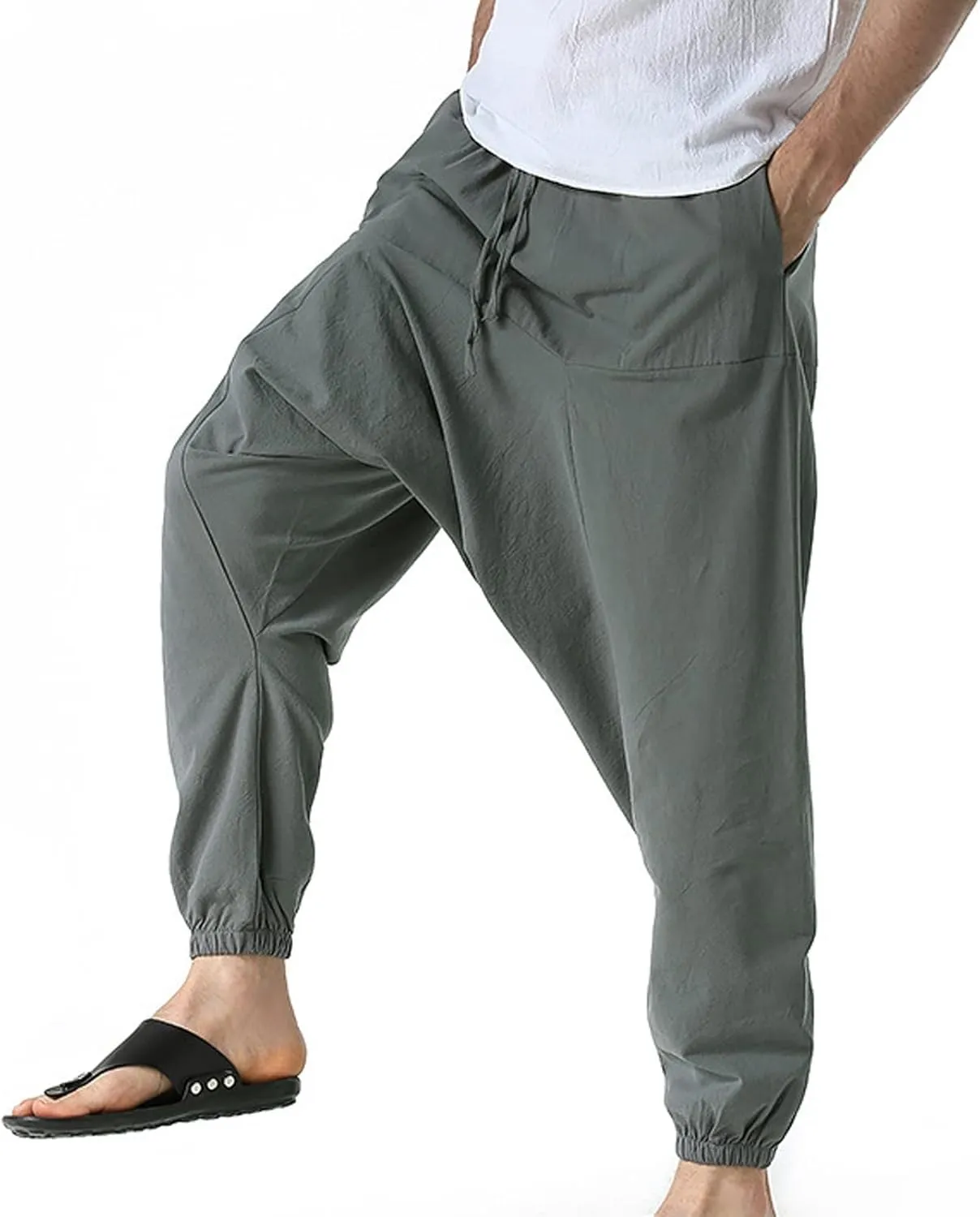 Mens Harem Pants Hip Hop Baggy Jogger Pants Vintage Hippie Drop Crotch Trousers Elastic Waist Comfy Casual Pants