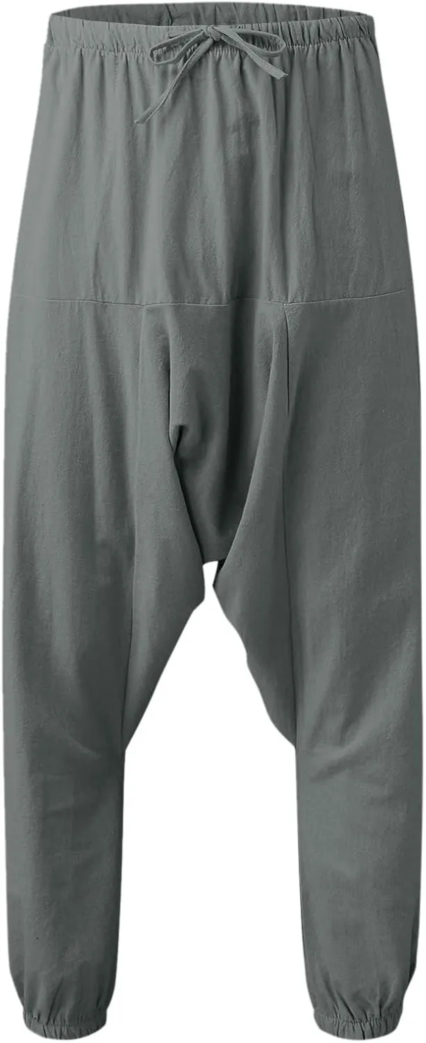Mens Harem Pants Hip Hop Baggy Jogger Pants Vintage Hippie Drop Crotch Trousers Elastic Waist Comfy Casual Pants