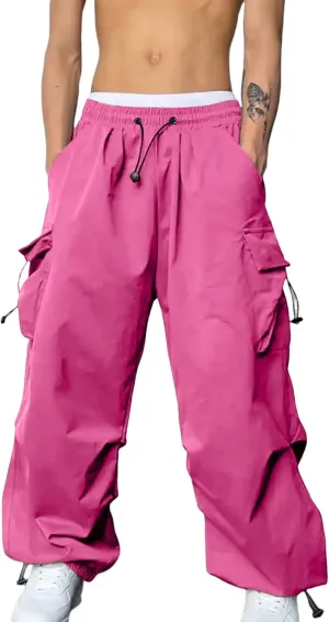 Mens Hiking Parachute Pants High Waist Drawstring Travel Pants Summer Wide Leg Comfy Athletic Trousers with Pockets