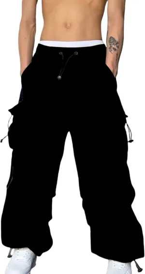 Mens Hiking Parachute Pants High Waist Drawstring Travel Pants Summer Wide Leg Comfy Athletic Trousers with Pockets