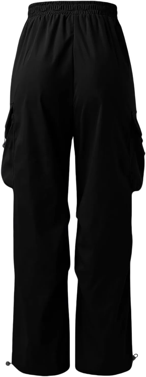 Mens Hiking Parachute Pants High Waist Drawstring Travel Pants Summer Wide Leg Comfy Athletic Trousers with Pockets