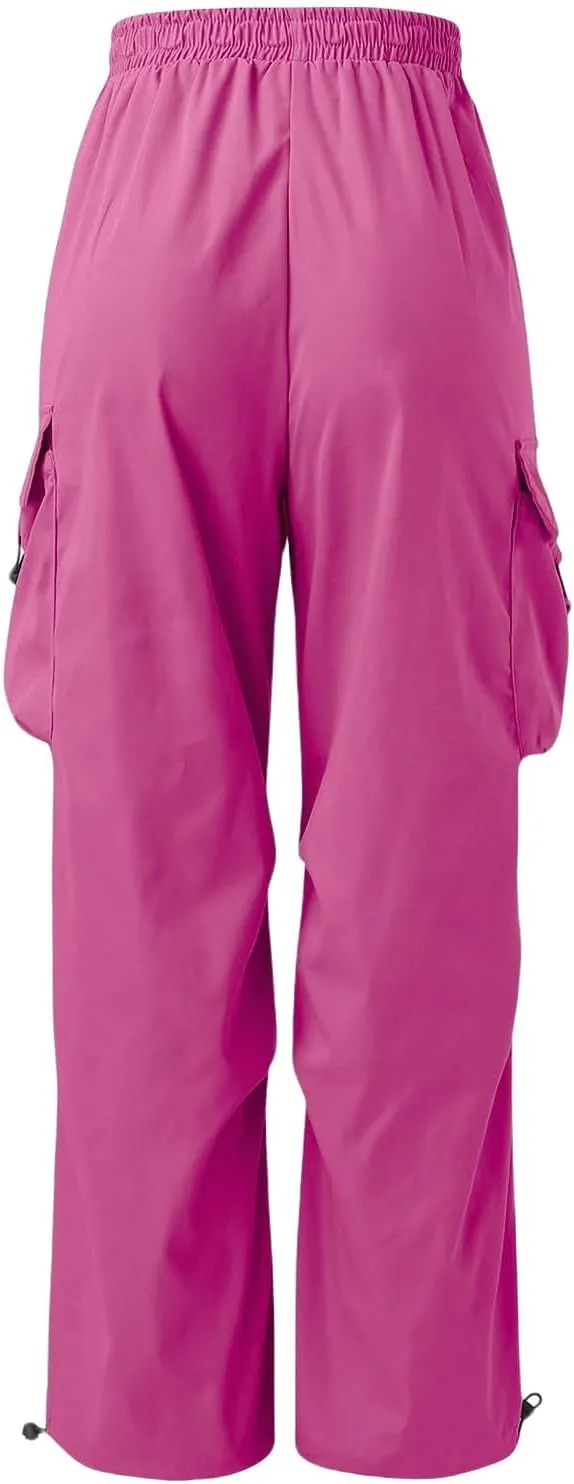 Mens Hiking Parachute Pants High Waist Drawstring Travel Pants Summer Wide Leg Comfy Athletic Trousers with Pockets