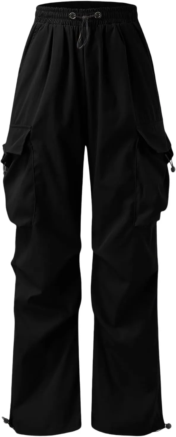 Mens Hiking Parachute Pants High Waist Drawstring Travel Pants Summer Wide Leg Comfy Athletic Trousers with Pockets
