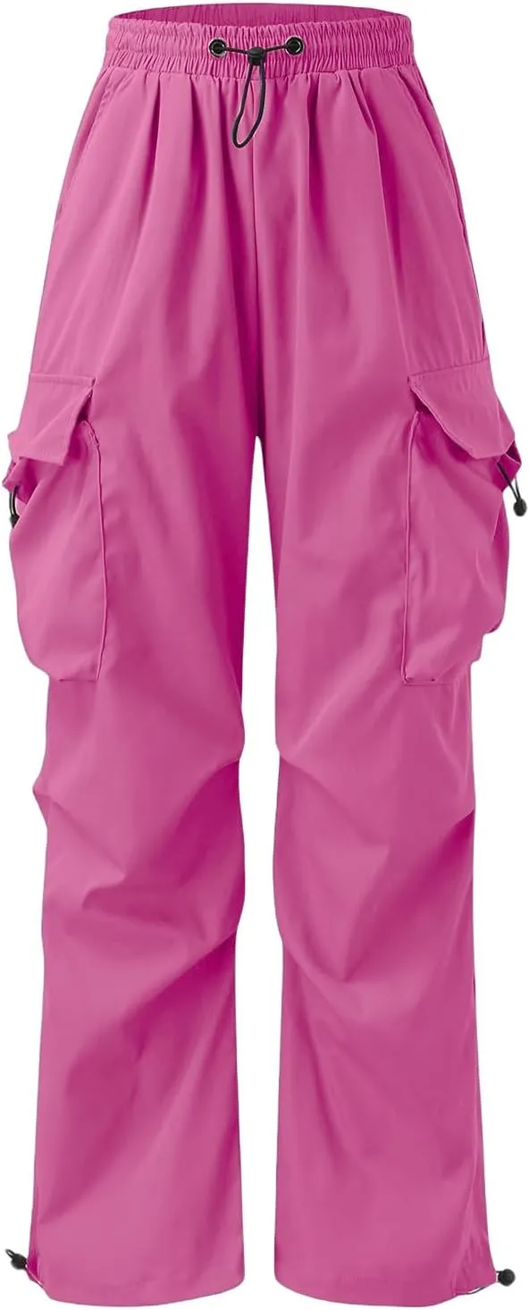 Mens Hiking Parachute Pants High Waist Drawstring Travel Pants Summer Wide Leg Comfy Athletic Trousers with Pockets