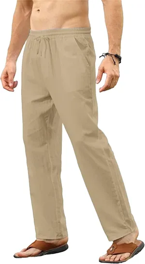 Men's Linen Casual Long Pants Loose Lightweight Yoga Beach Slack Elastic Waist Wide Straight Trousers