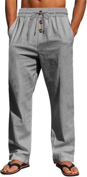 Men's Linen Pants Casual Fashion Buttons Loose Breathable Beach Summer Pant Sports Trousers