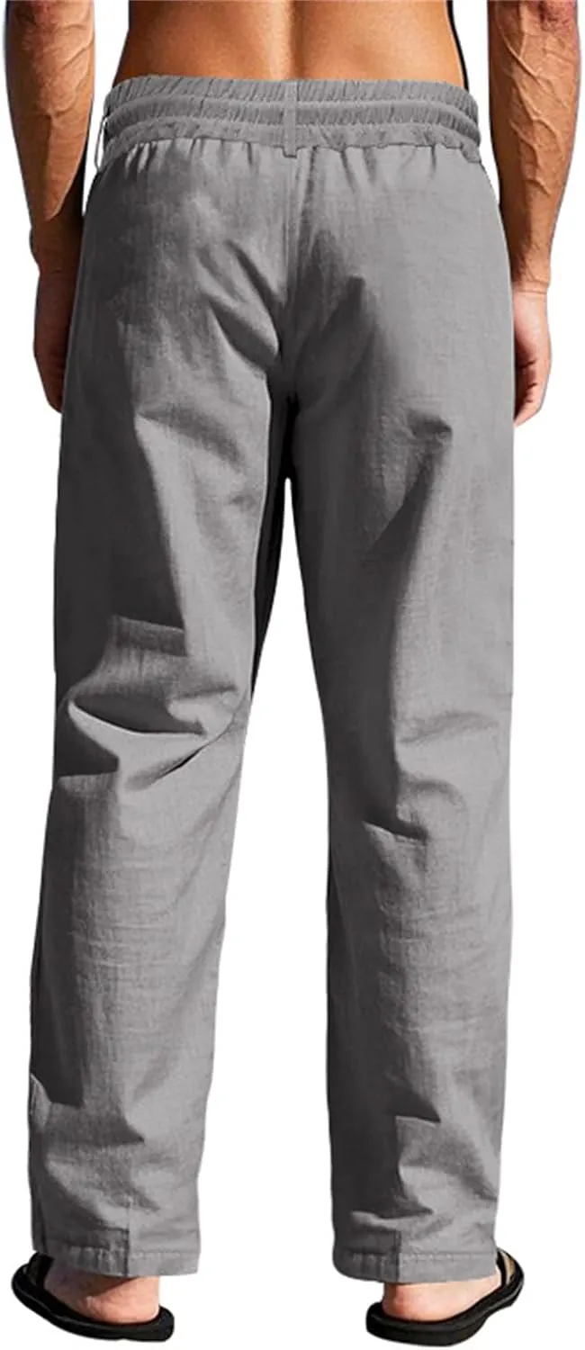 Men's Linen Pants Casual Fashion Buttons Loose Breathable Beach Summer Pant Sports Trousers