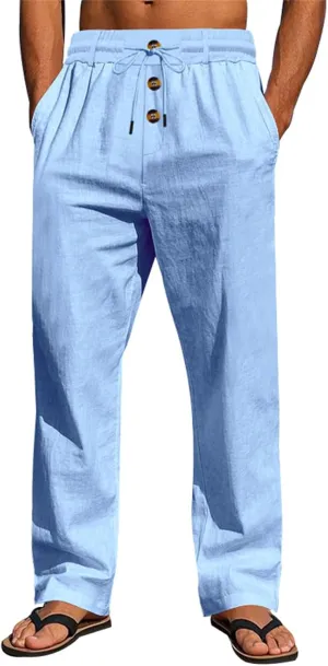 Men's Linen Pants Casual Fashion Buttons Loose Breathable Beach Summer Pant Sports Trousers