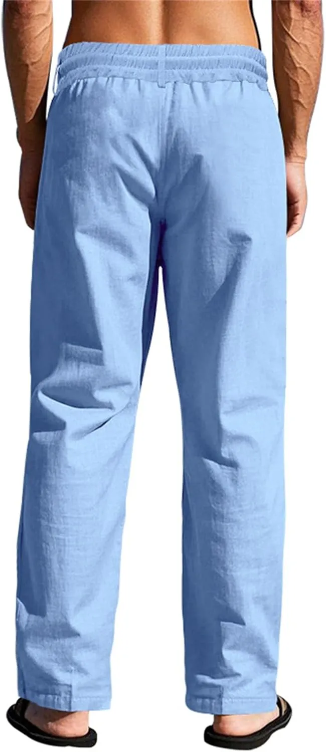 Men's Linen Pants Casual Fashion Buttons Loose Breathable Beach Summer Pant Sports Trousers